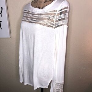 Free People White Mesh Insert Roxie Tee Embroidered Panels Size Small